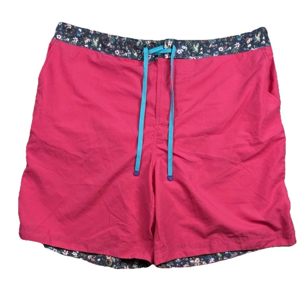 Robert Graham Mens 2XL Swim Trunks Shorts Pink Floral Trim Mesh Lined Pocket Zip